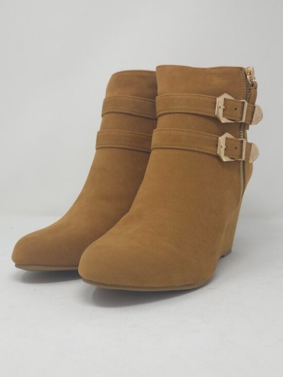 Forever Link Shoes - Tan Faux Suede Wedge Ankle Boots Buckle Strap Side Zip Casual Trendy